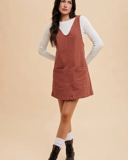 Annie Wear V - Neck Adjustable Strap Denim Overall Dress with Pockets - THE AMERICAN BLUE