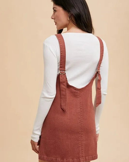 Annie Wear V - Neck Adjustable Strap Denim Overall Dress with Pockets - THE AMERICAN BLUE