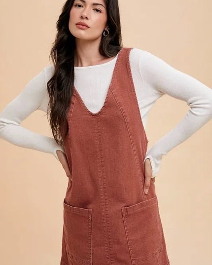 Annie Wear V - Neck Adjustable Strap Denim Overall Dress with Pockets - THE AMERICAN BLUE