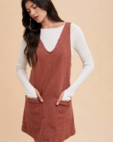 Annie Wear V - Neck Adjustable Strap Denim Overall Dress with Pockets - THE AMERICAN BLUE