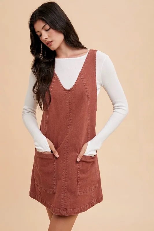 Annie Wear V - Neck Adjustable Strap Denim Overall Dress with Pockets - THE AMERICAN BLUE