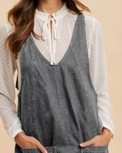 Annie Wear V - Neck Adjustable Strap Denim Overall Dress with Pockets - THE AMERICAN BLUE
