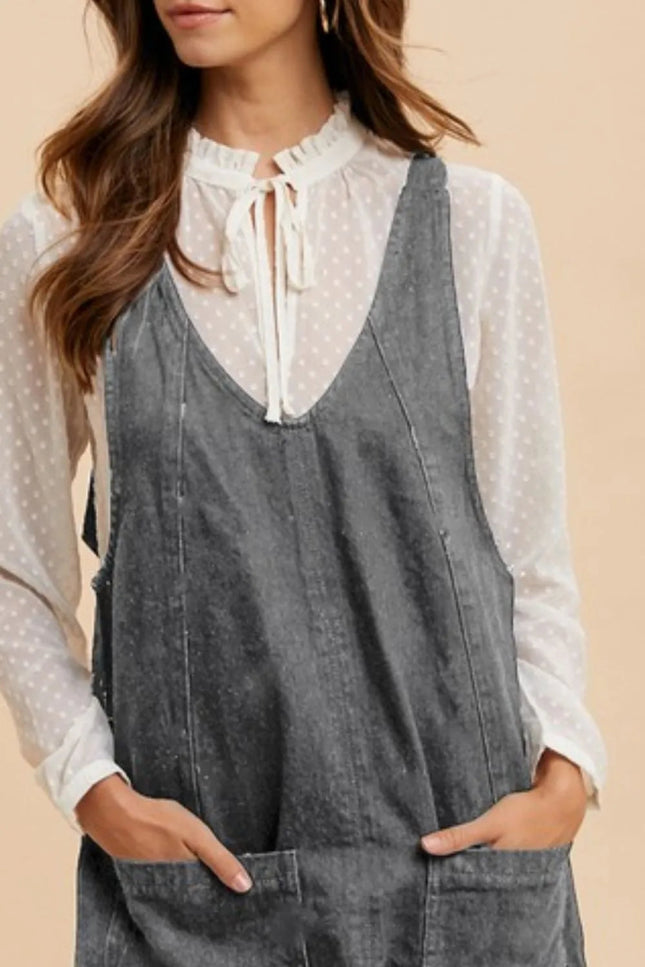 Annie Wear V - Neck Adjustable Strap Denim Overall Dress with Pockets - THE AMERICAN BLUE