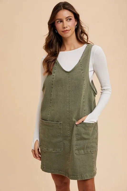 Annie Wear V - Neck Adjustable Strap Denim Overall Dress with Pockets - THE AMERICAN BLUE