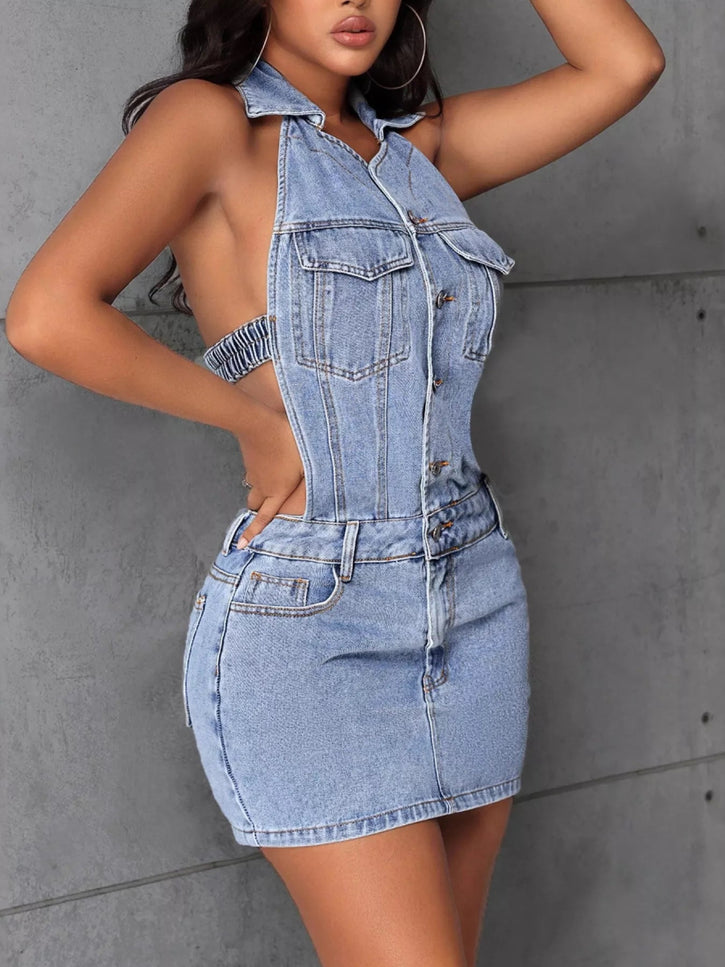 Backless Sleeveless Button Front Denim Mini Dress - THE AMERICAN BLUE