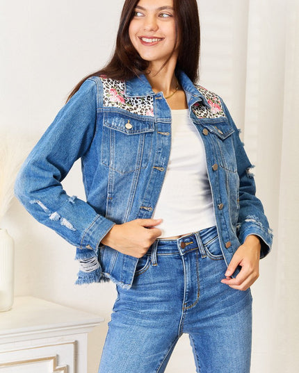 Baeful Leopard Floral Distressed Raw Hem Denim Jacket - THE AMERICAN BLUE