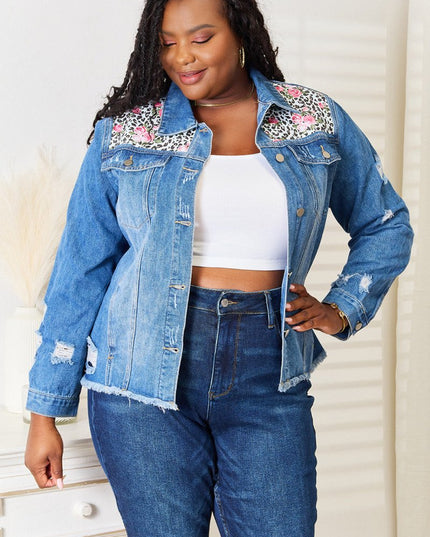 Baeful Leopard Floral Distressed Raw Hem Denim Jacket - THE AMERICAN BLUE