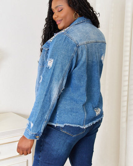 Baeful Leopard Floral Distressed Raw Hem Denim Jacket - THE AMERICAN BLUE