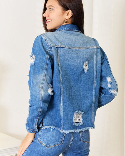Baeful Leopard Floral Distressed Raw Hem Denim Jacket - THE AMERICAN BLUE