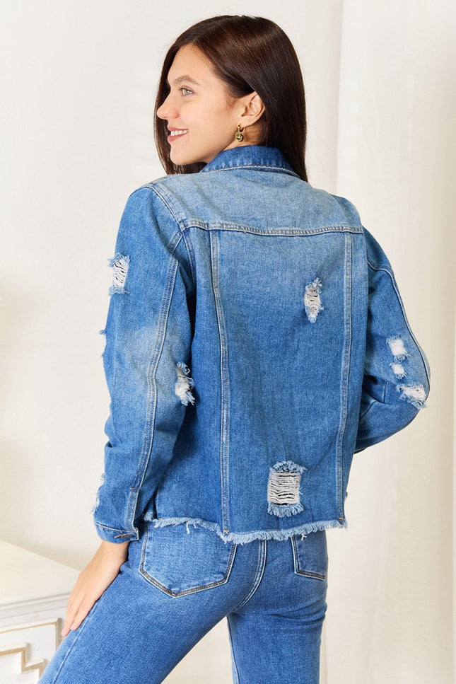 Baeful Leopard Floral Distressed Raw Hem Denim Jacket - THE AMERICAN BLUE