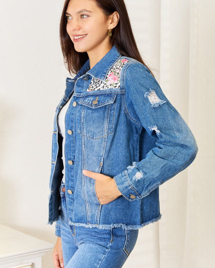 Baeful Leopard Floral Distressed Raw Hem Denim Jacket - THE AMERICAN BLUE