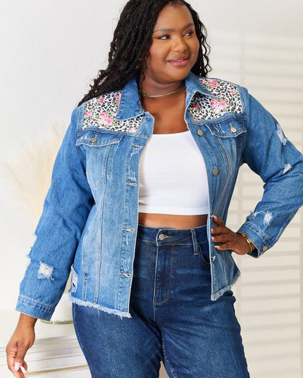 Baeful Leopard Floral Distressed Raw Hem Denim Jacket - THE AMERICAN BLUE