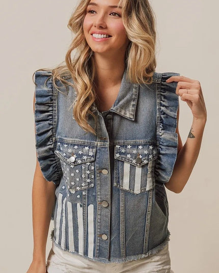 BiBi American Flag Washed Denim Jacket - THE AMERICAN BLUE