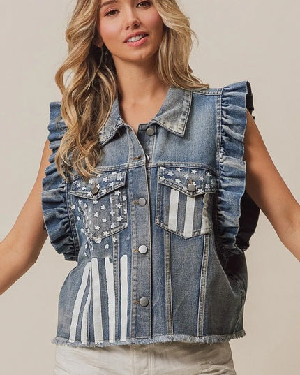 BiBi American Flag Washed Denim Jacket - THE AMERICAN BLUE
