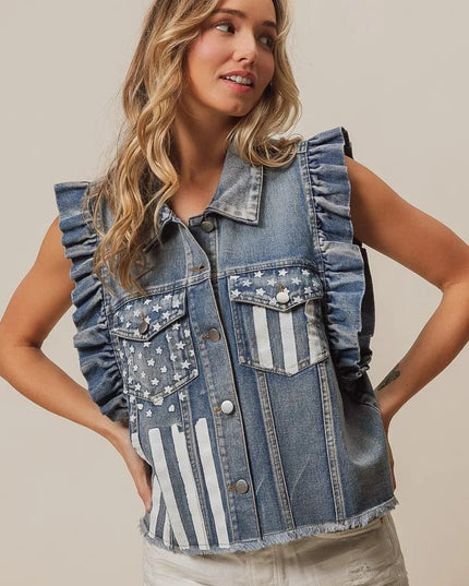 BiBi American Flag Washed Denim Jacket - THE AMERICAN BLUE