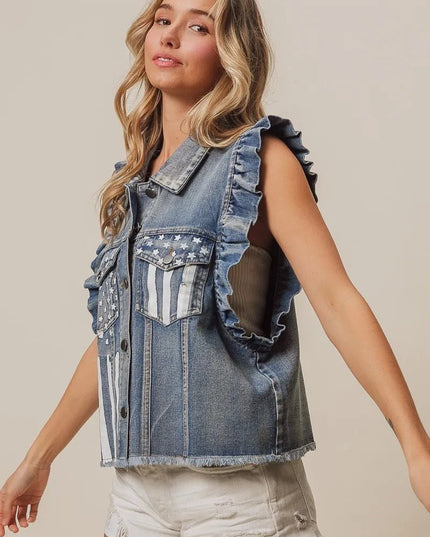 BiBi American Flag Washed Denim Jacket - THE AMERICAN BLUE