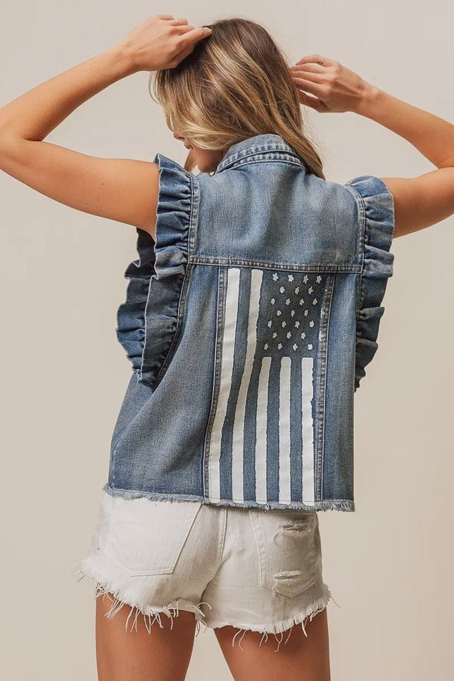 BiBi American Flag Washed Denim Jacket - THE AMERICAN BLUE