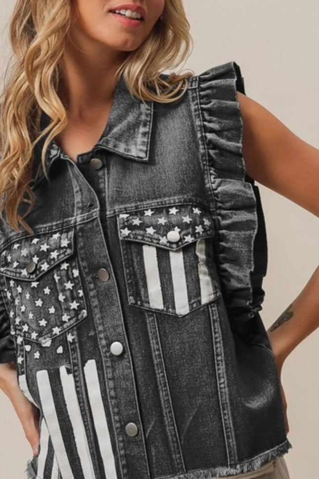 BiBi American Flag Washed Denim Jacket - THE AMERICAN BLUE