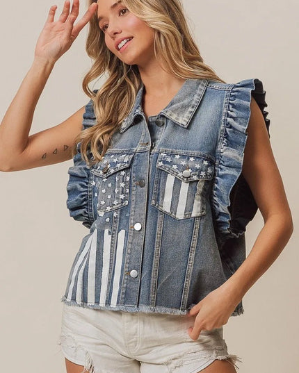 BiBi American Flag Washed Denim Jacket - THE AMERICAN BLUE