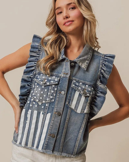 BiBi American Flag Washed Denim Jacket - THE AMERICAN BLUE
