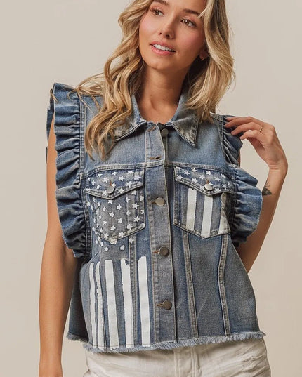 BiBi American Flag Washed Denim Jacket - THE AMERICAN BLUE