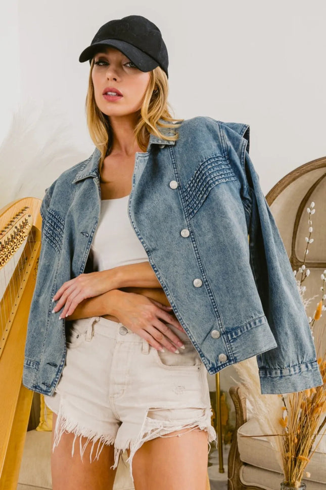 BiBi Button Up Long Sleeve Denim Jacket - THE AMERICAN BLUE