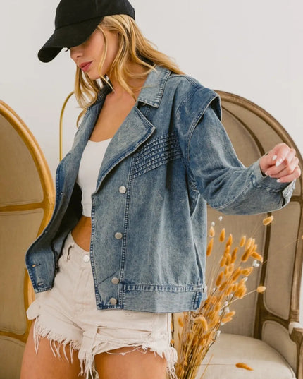 BiBi Button Up Long Sleeve Denim Jacket - THE AMERICAN BLUE
