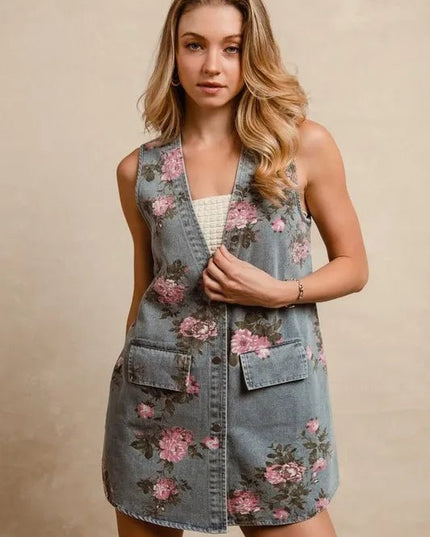 BiBi Floral Print Washed Denim Long Rider Vest - THE AMERICAN BLUE