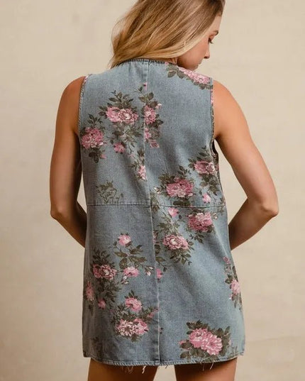 BiBi Floral Print Washed Denim Long Rider Vest - THE AMERICAN BLUE