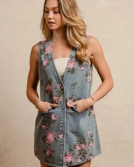 BiBi Floral Print Washed Denim Long Rider Vest - THE AMERICAN BLUE