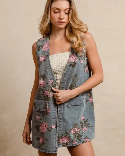 BiBi Floral Print Washed Denim Long Rider Vest - THE AMERICAN BLUE