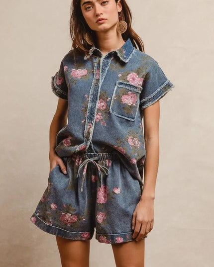 BiBi Floral Printed Denim Short Pants With Pocket - THE AMERICAN BLUE