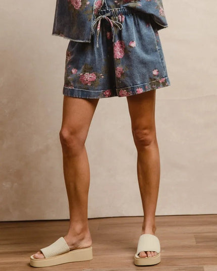 BiBi Floral Printed Denim Short Pants With Pocket - THE AMERICAN BLUE