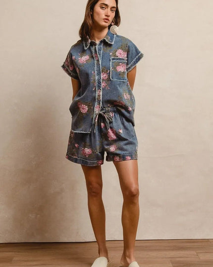 BiBi Floral Printed Denim Short Pants With Pocket - THE AMERICAN BLUE