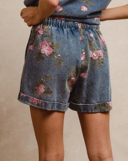 BiBi Floral Printed Denim Short Pants With Pocket - THE AMERICAN BLUE