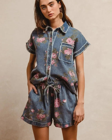 BiBi Floral Printed Denim Short Pants With Pocket - THE AMERICAN BLUE