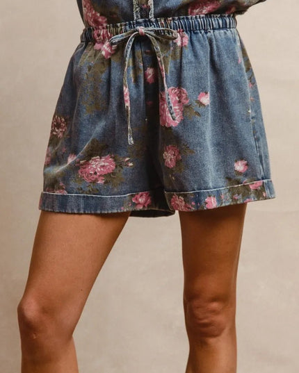 BiBi Floral Printed Denim Short Pants With Pocket - THE AMERICAN BLUE