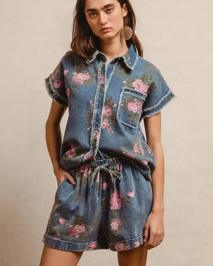 BiBi Floral Printed Denim Short Pants With Pocket - THE AMERICAN BLUE