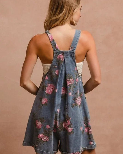 BiBi Flower Printed Wide Strap Denim Overalls - THE AMERICAN BLUE