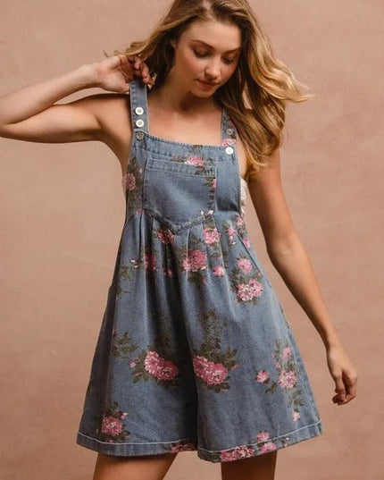 BiBi Flower Printed Wide Strap Denim Overalls - THE AMERICAN BLUE