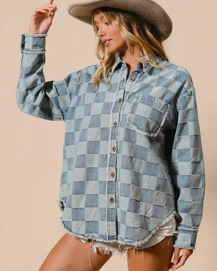 BiBi Frayed Edged Detail Washed Checker Denim Shirt - THE AMERICAN BLUE