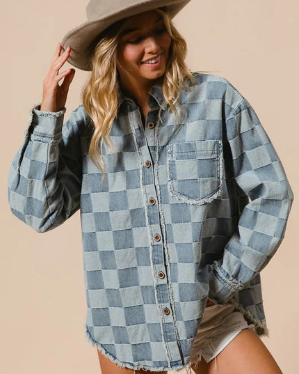BiBi Frayed Edged Detail Washed Checker Denim Shirt - THE AMERICAN BLUE