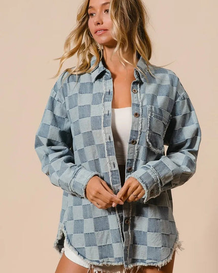 BiBi Frayed Edged Detail Washed Checker Denim Shirt - THE AMERICAN BLUE