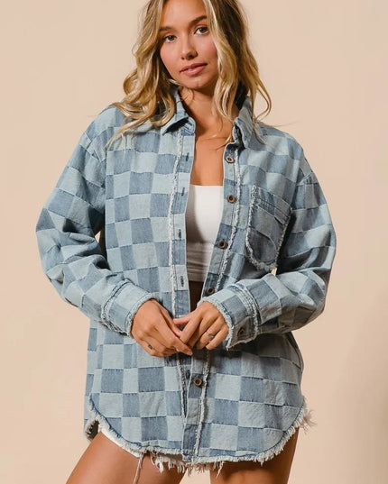 BiBi Frayed Edged Detail Washed Checker Denim Shirt - THE AMERICAN BLUE