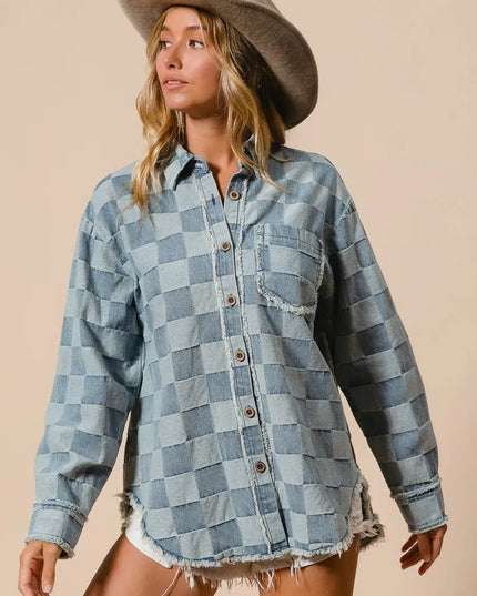 BiBi Frayed Edged Detail Washed Checker Denim Shirt - THE AMERICAN BLUE