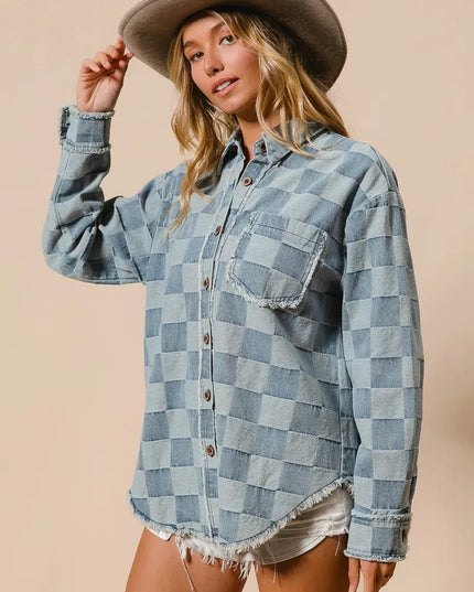 BiBi Frayed Edged Detail Washed Checker Denim Shirt - THE AMERICAN BLUE