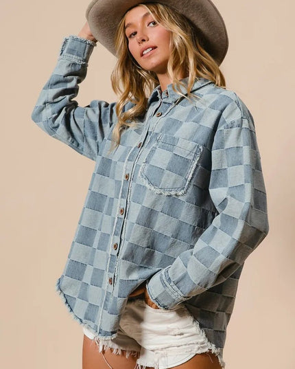 BiBi Frayed Edged Detail Washed Checker Denim Shirt - THE AMERICAN BLUE