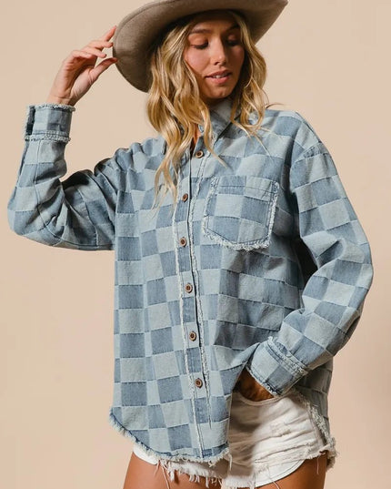 BiBi Frayed Edged Detail Washed Checker Denim Shirt - THE AMERICAN BLUE