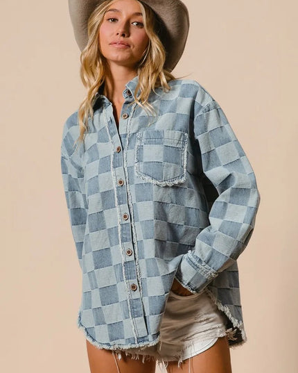 BiBi Frayed Edged Detail Washed Checker Denim Shirt - THE AMERICAN BLUE