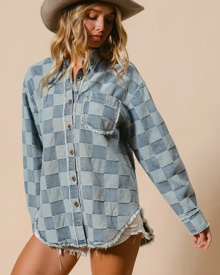 BiBi Frayed Edged Detail Washed Checker Denim Shirt - THE AMERICAN BLUE